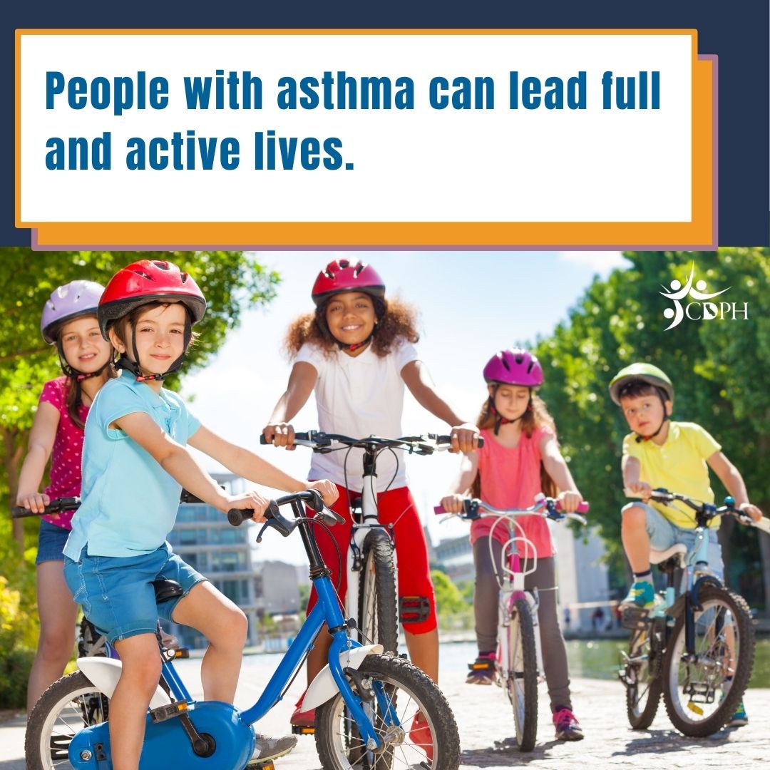 Kids on bikes with text overlay people with asthma can lead full and active lives.