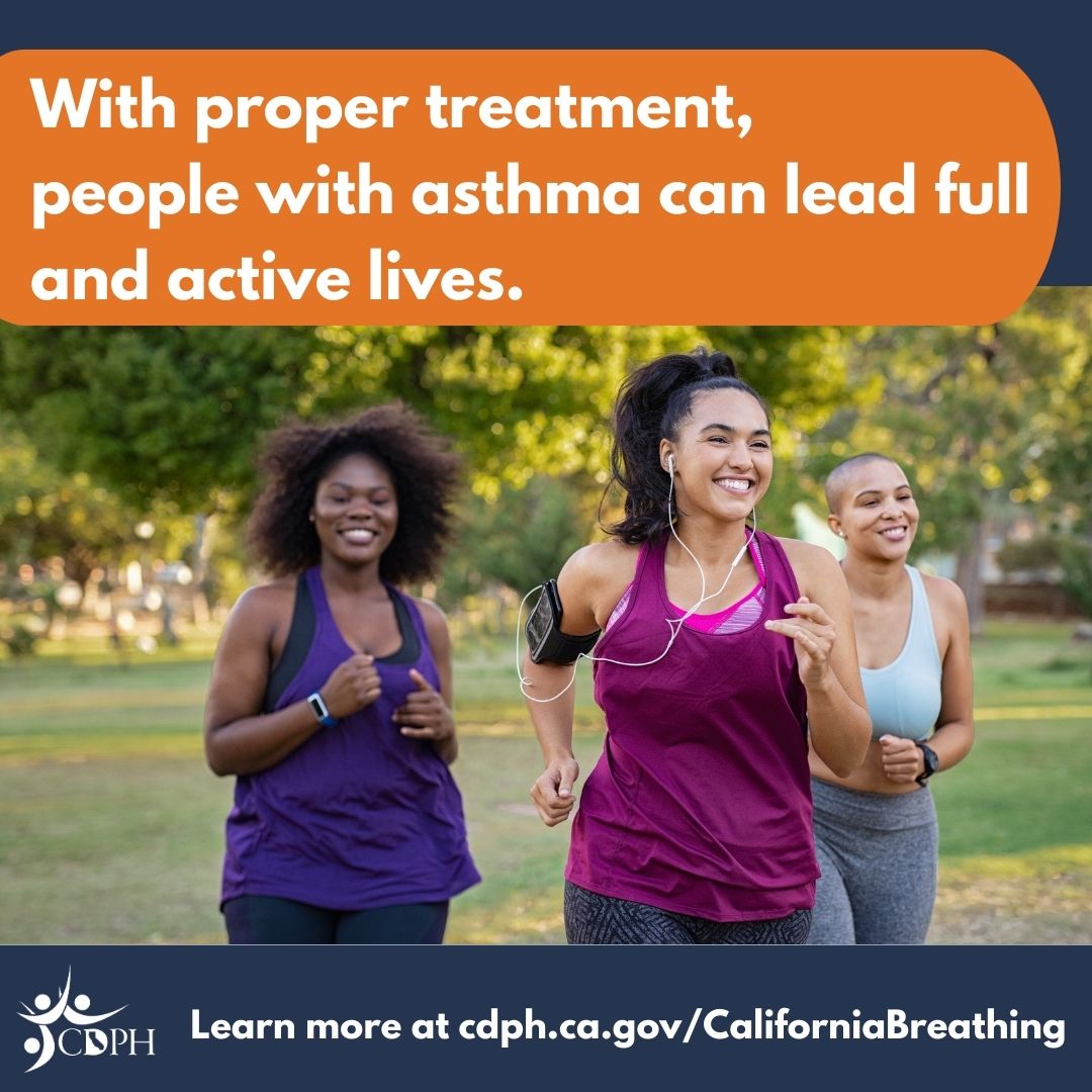 Three women jogging with text overlay with treatment, people with asthma can lead full and active lives.