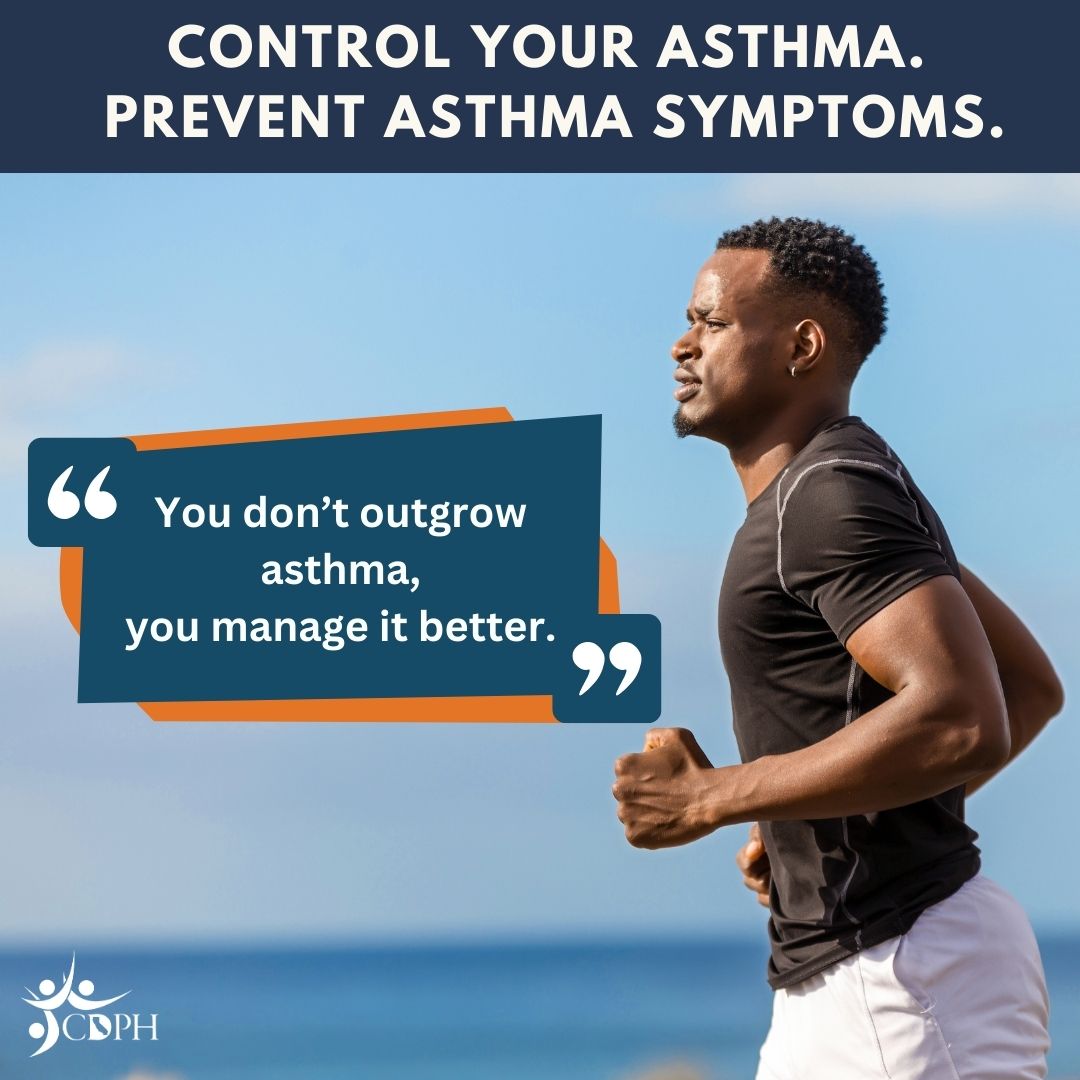 Man jogging with text overlay Control your asthma. Prevent asthma symptoms.
