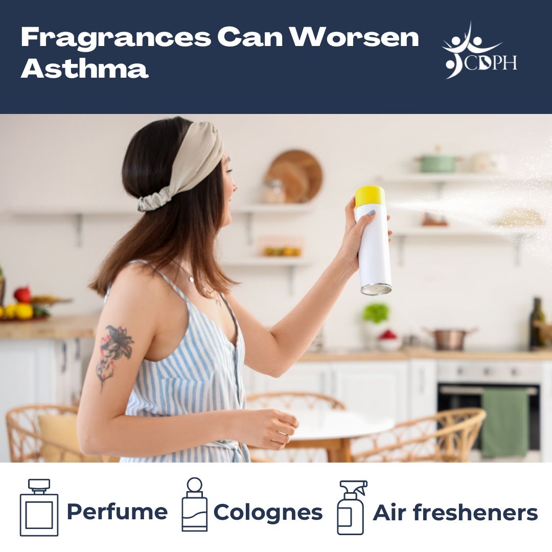 Person spraying air freshener with text overlay Fragrances can worsen asthma.