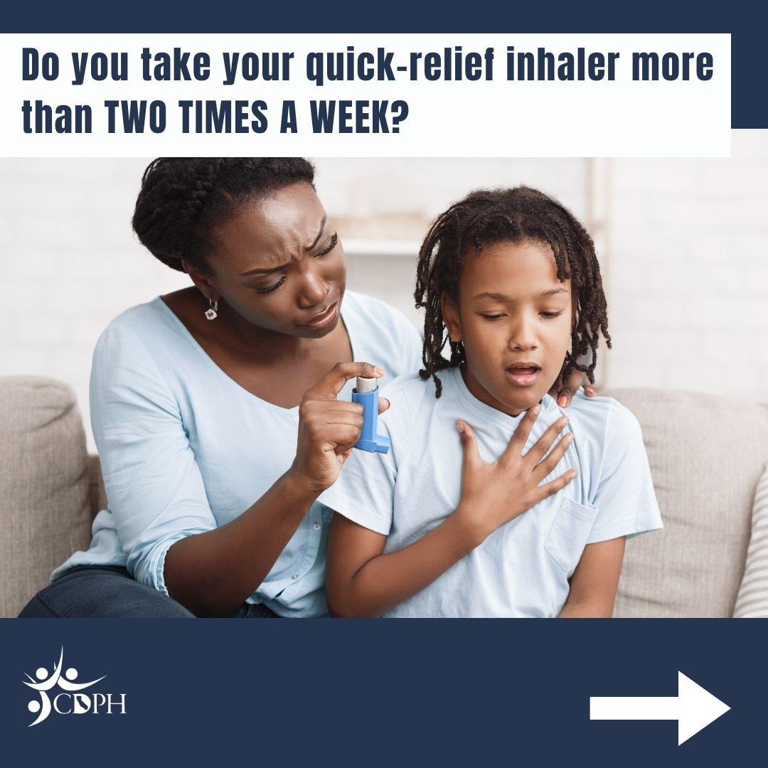 Mom with child having asthma episode and text overlay do you take your quick-relief inhaler more than two times a week?