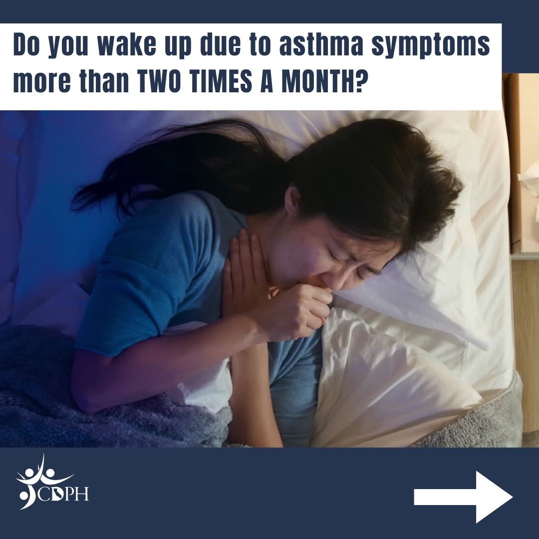 Person coughing with text overlay do you wake up due to asthma symptoms more than two times a month?