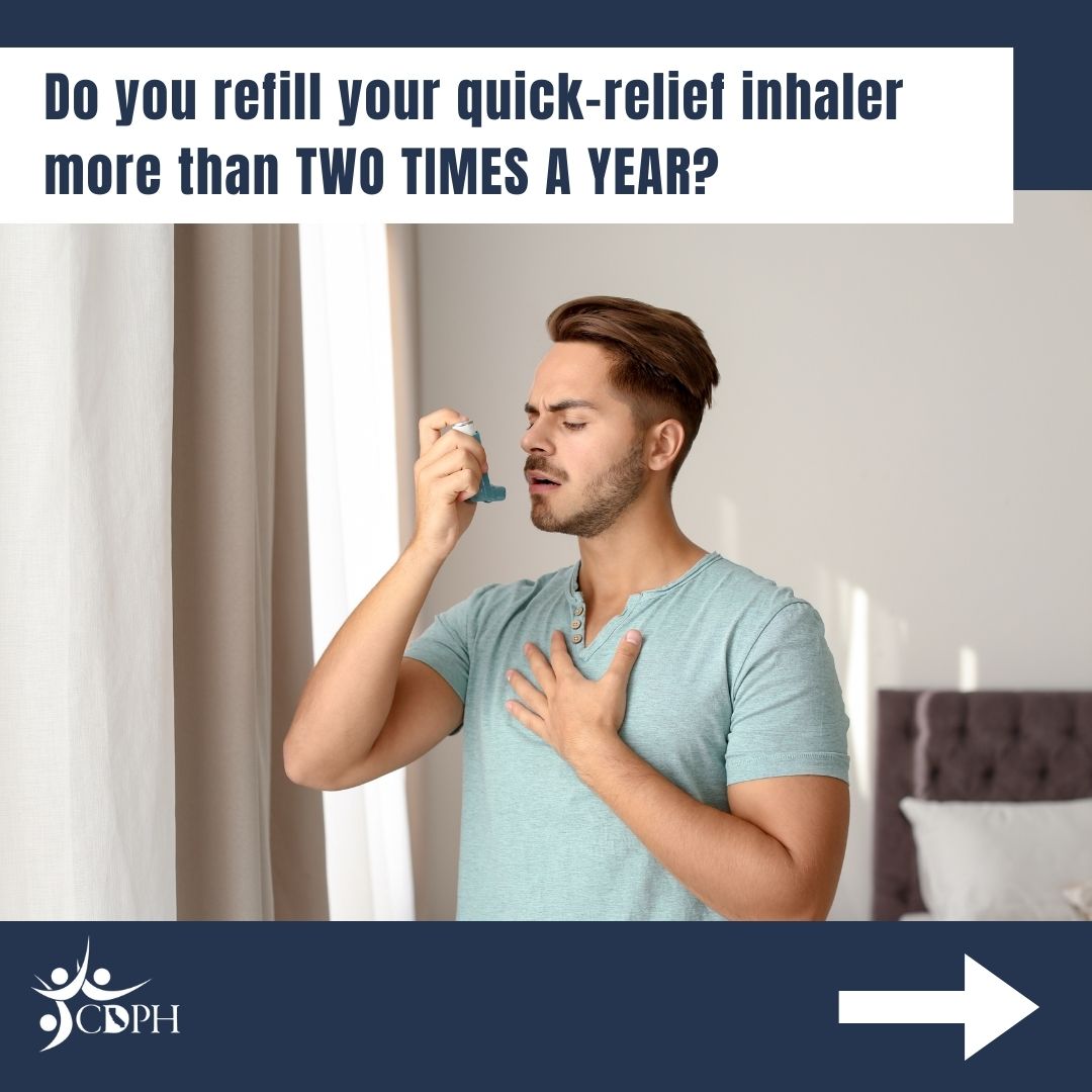 Person using an inhaler with text overlay do you refill your quick-relief inhaler more than two times a year?