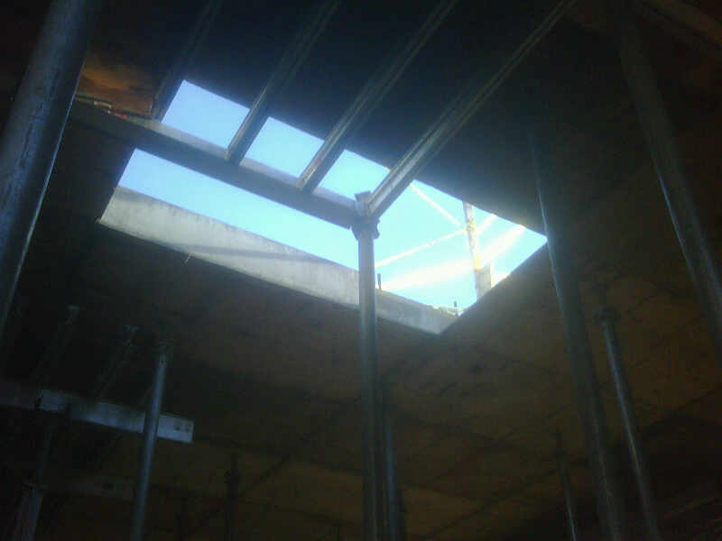 The hole the victim fell through showing there is no support of the plywood in that spot.