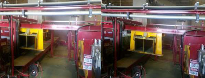 Two photos juxtaposed side by side show the action of the yellow moving part that crushed the victim.