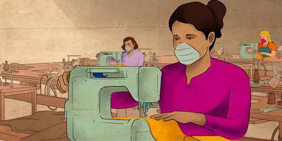 Garment workers wearing masks working at a distance from each other