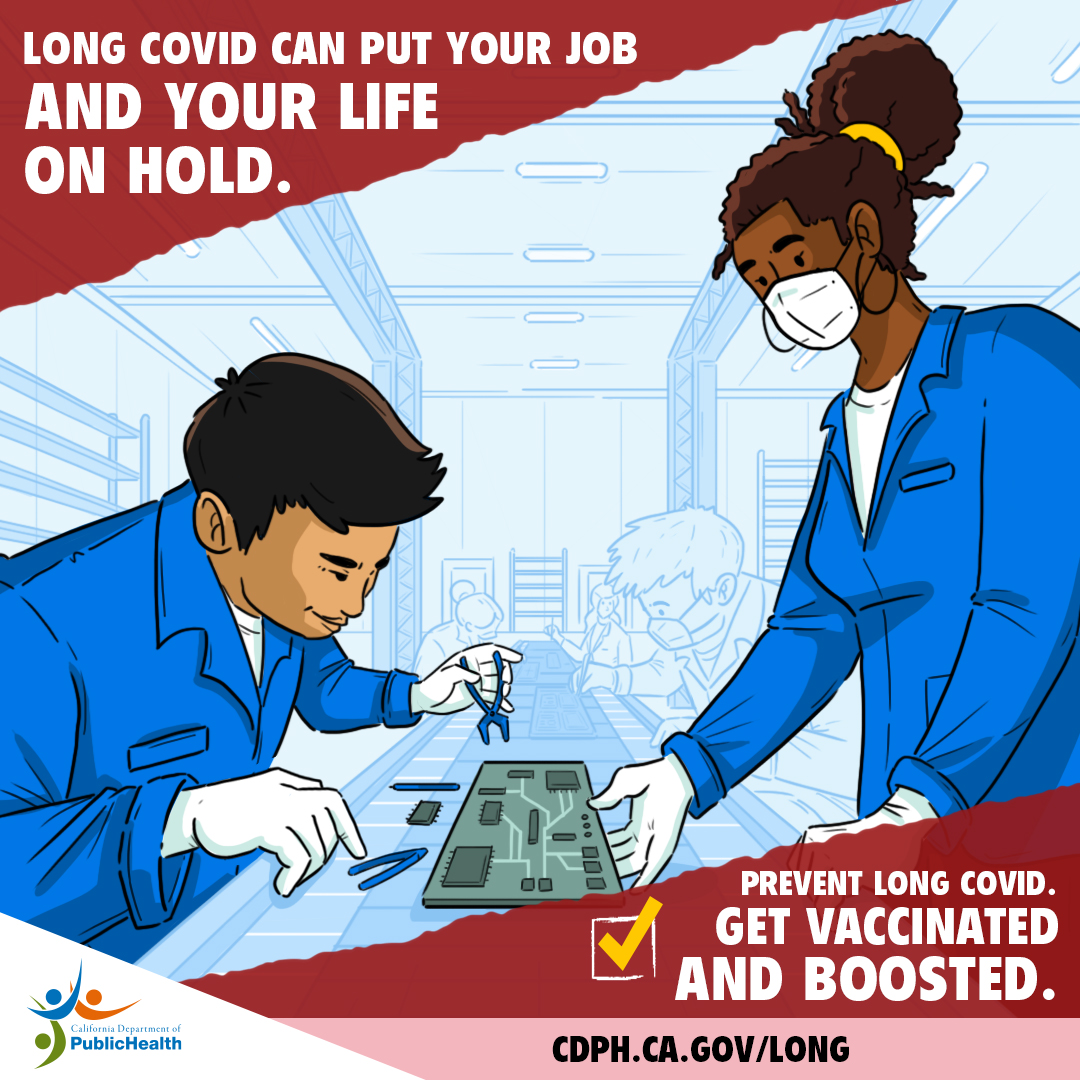 Workers in a assembly line Text: Don't come up short with Long COVID Long COVID can put your job and your life on hold. Workers in a assembly line Text: Don't come up short with Long COVID Long COVID can put your job and your life on hold.