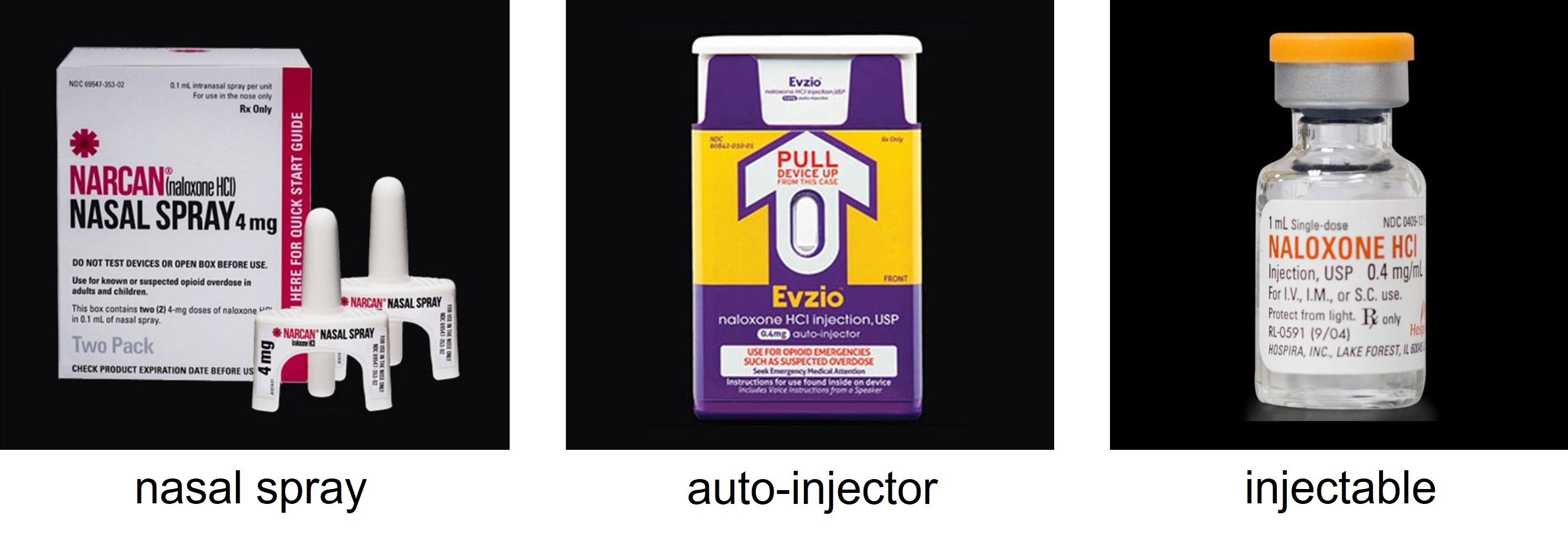 naloxone nasal spray, auto-injector, and injectable