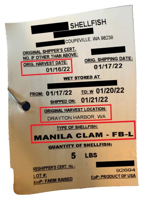 Sample photo of shellfish tag with harvest date, location, and type of shellfish (clam) highlighted.