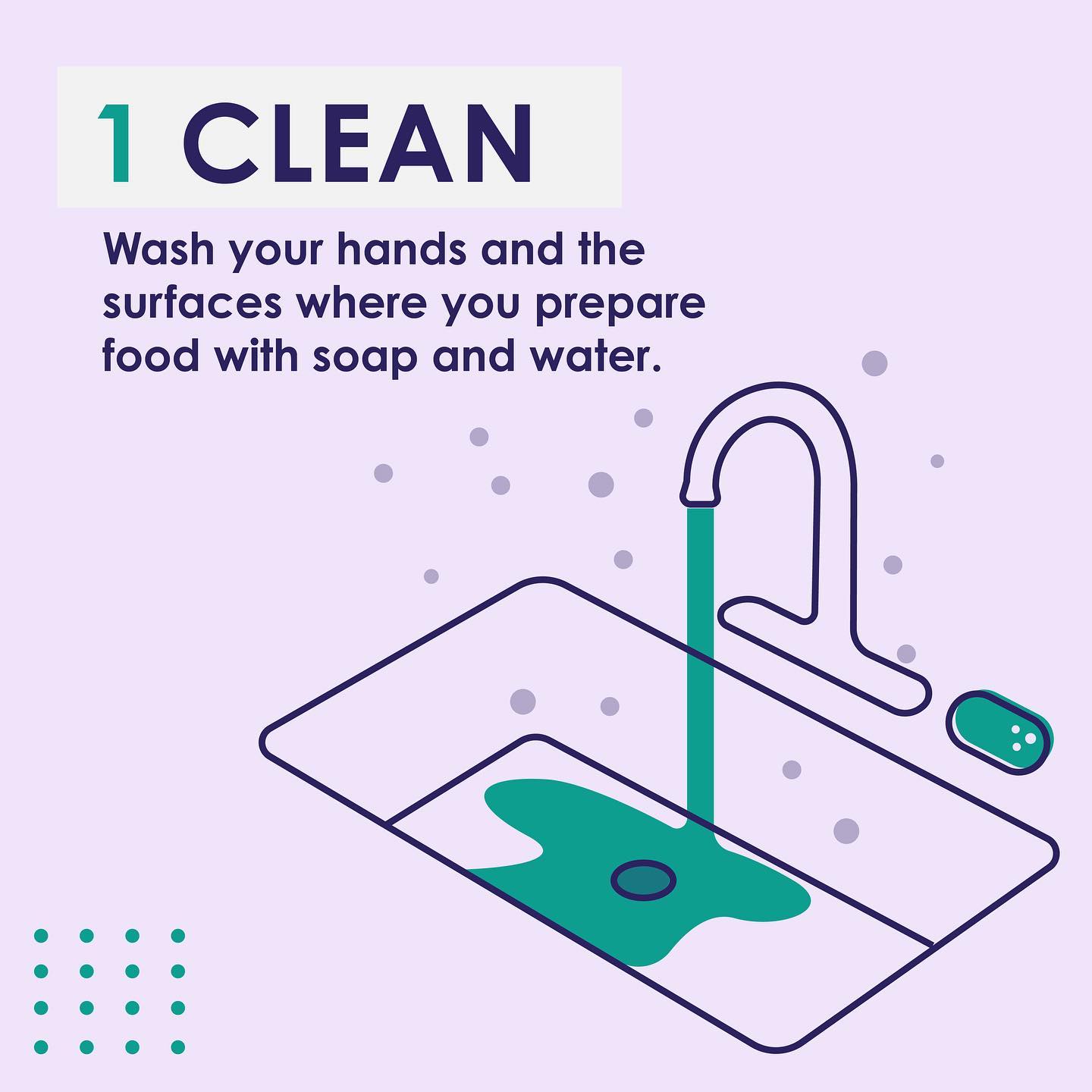 1. Clean - wash your hands and the surfaces where you prepare food with soap and water.