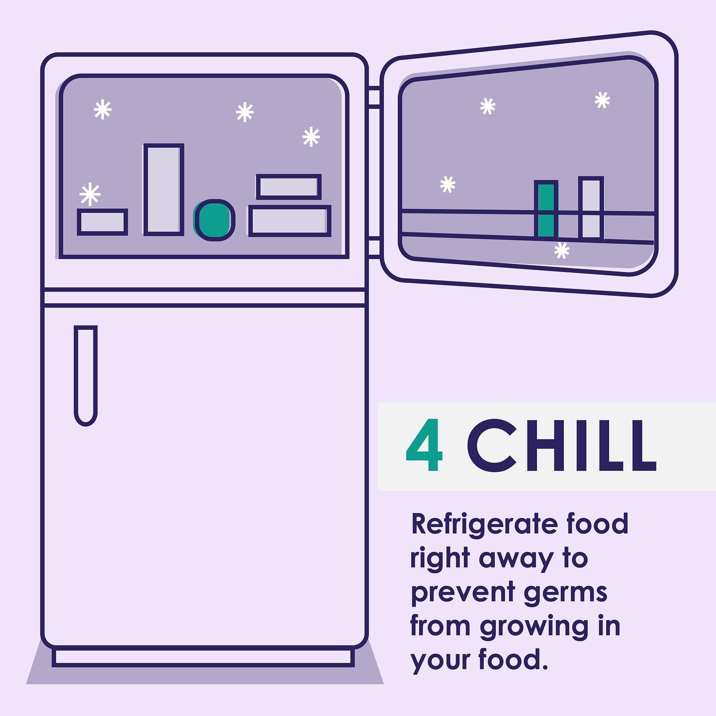 4. Chill - Refrigerate food right away to prevent germs from growing in your food.