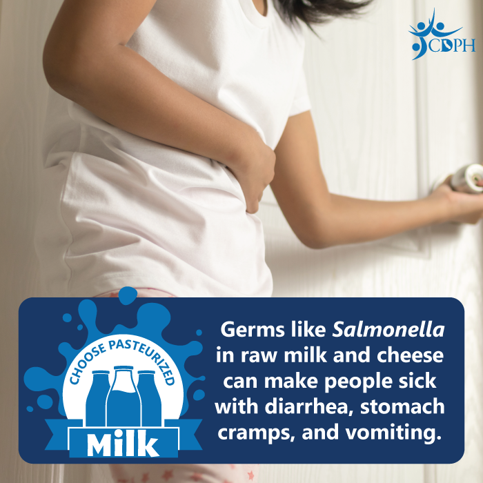 Germs like Salmonella in raw milk and cheese can make people sick with diarrhea, stomach cramps, and vomiting.