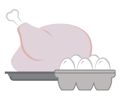 Food items: uncooked chicken and eggs in a carton
