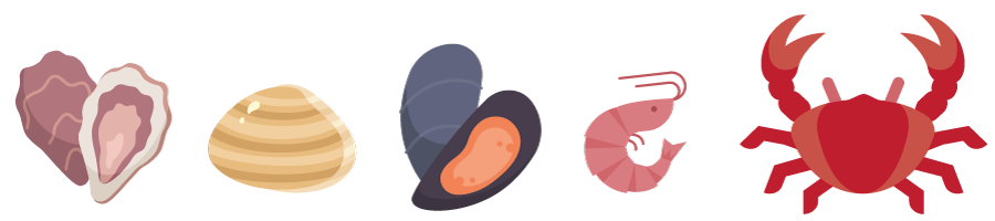 Examples of seafood that can be contaminated: oyster, clam, mussel, shrimp, and crab