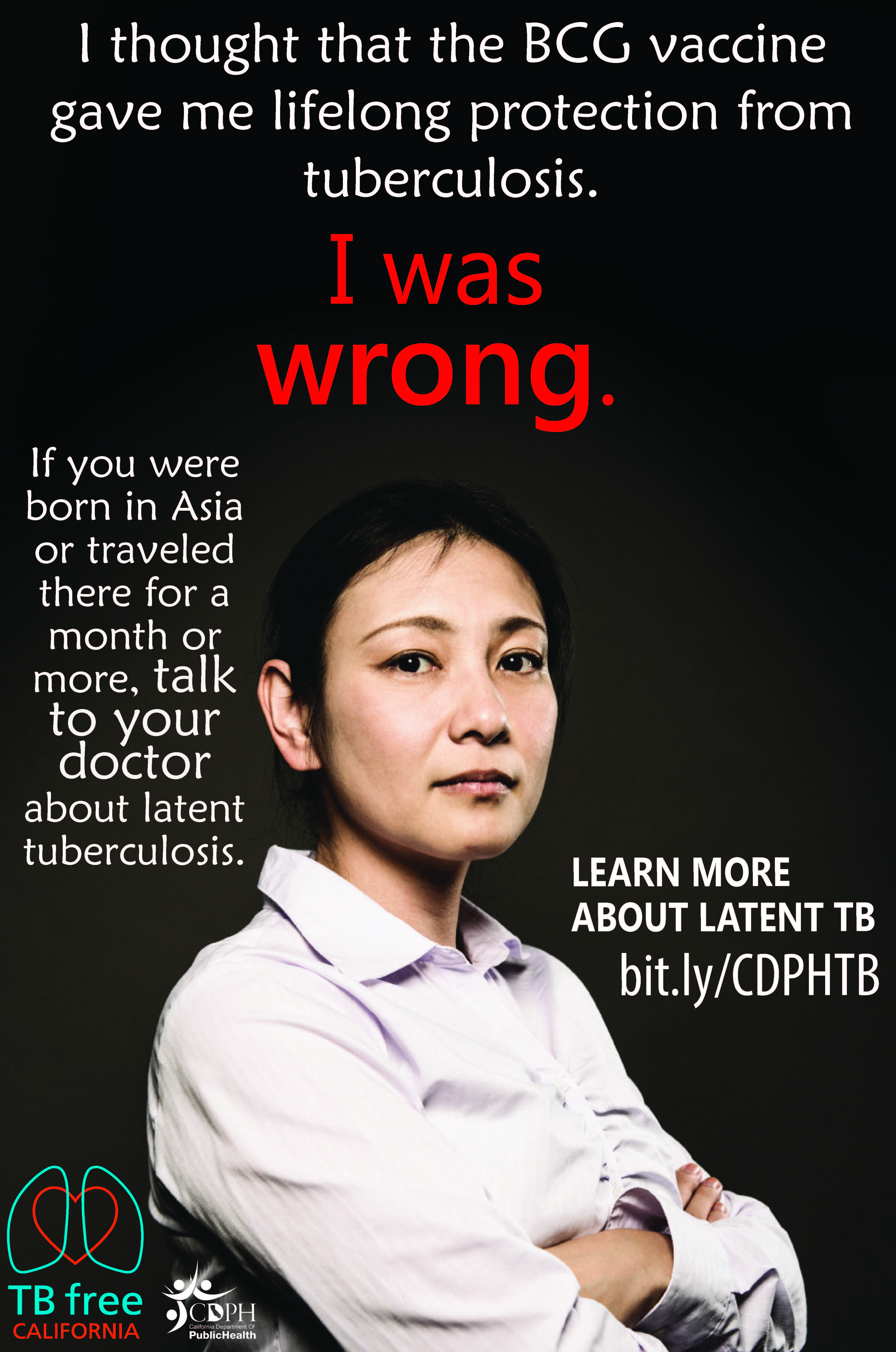BCG vaccine poster available in English and Chinese. TB Free info on post. A woman with a neutral expression looking at camera.