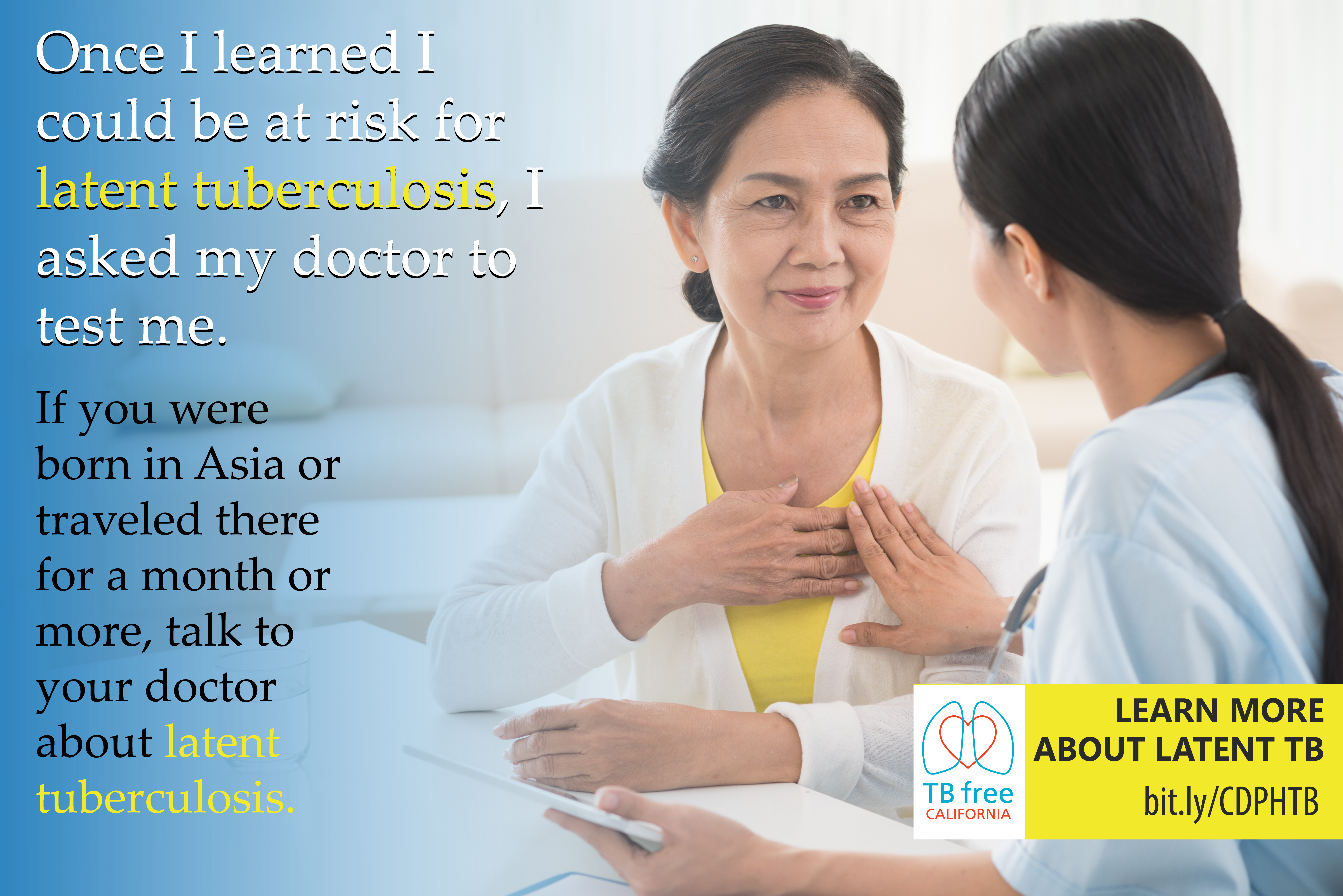 Poster 2/3 of Vietnamese set. Poster displays text and TB Free contact info. Two woman are talking.