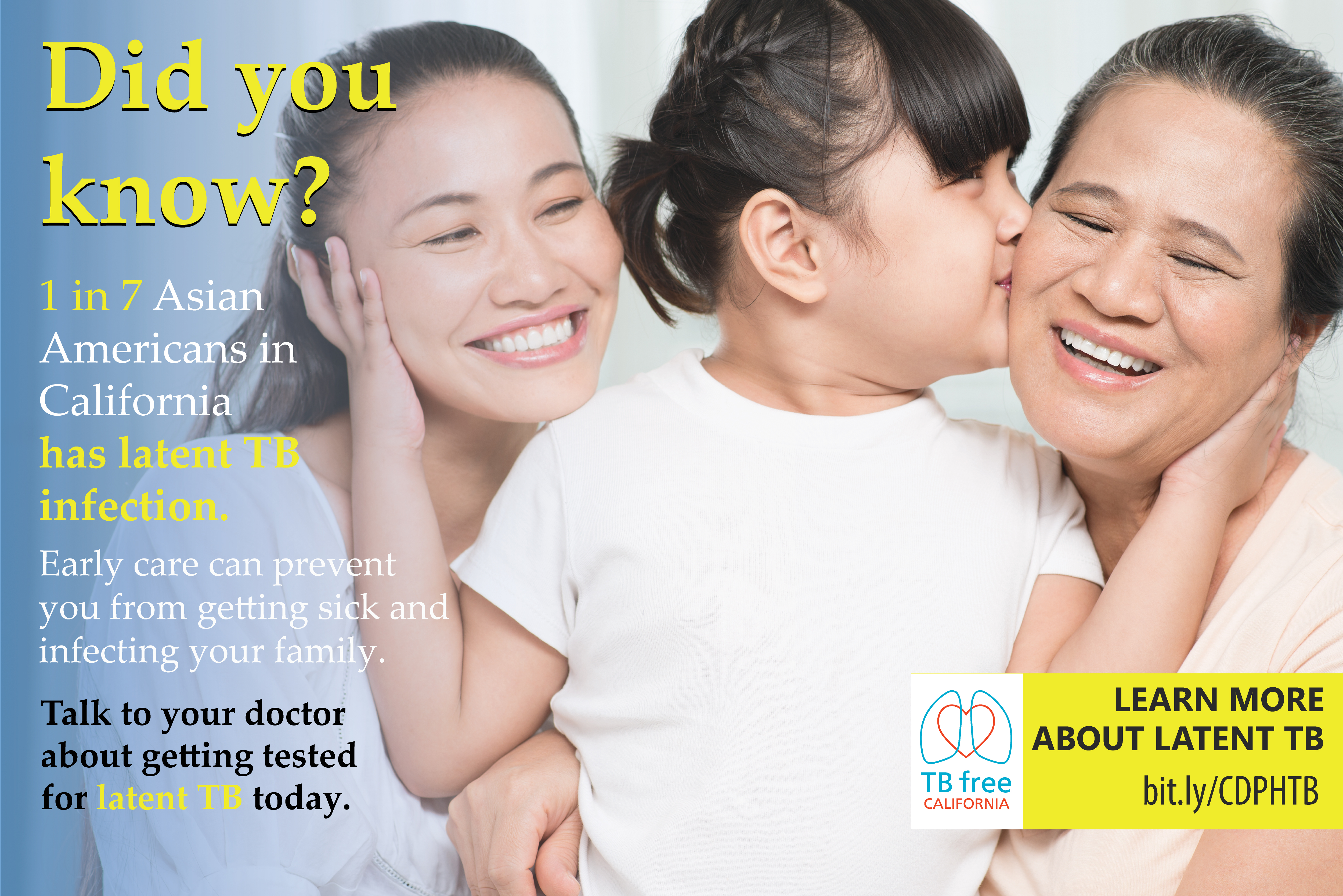Poster 3/3 of Vietnamese set. Poster displays text and TB Free contact info. A child is between two woman, kissing one woman.