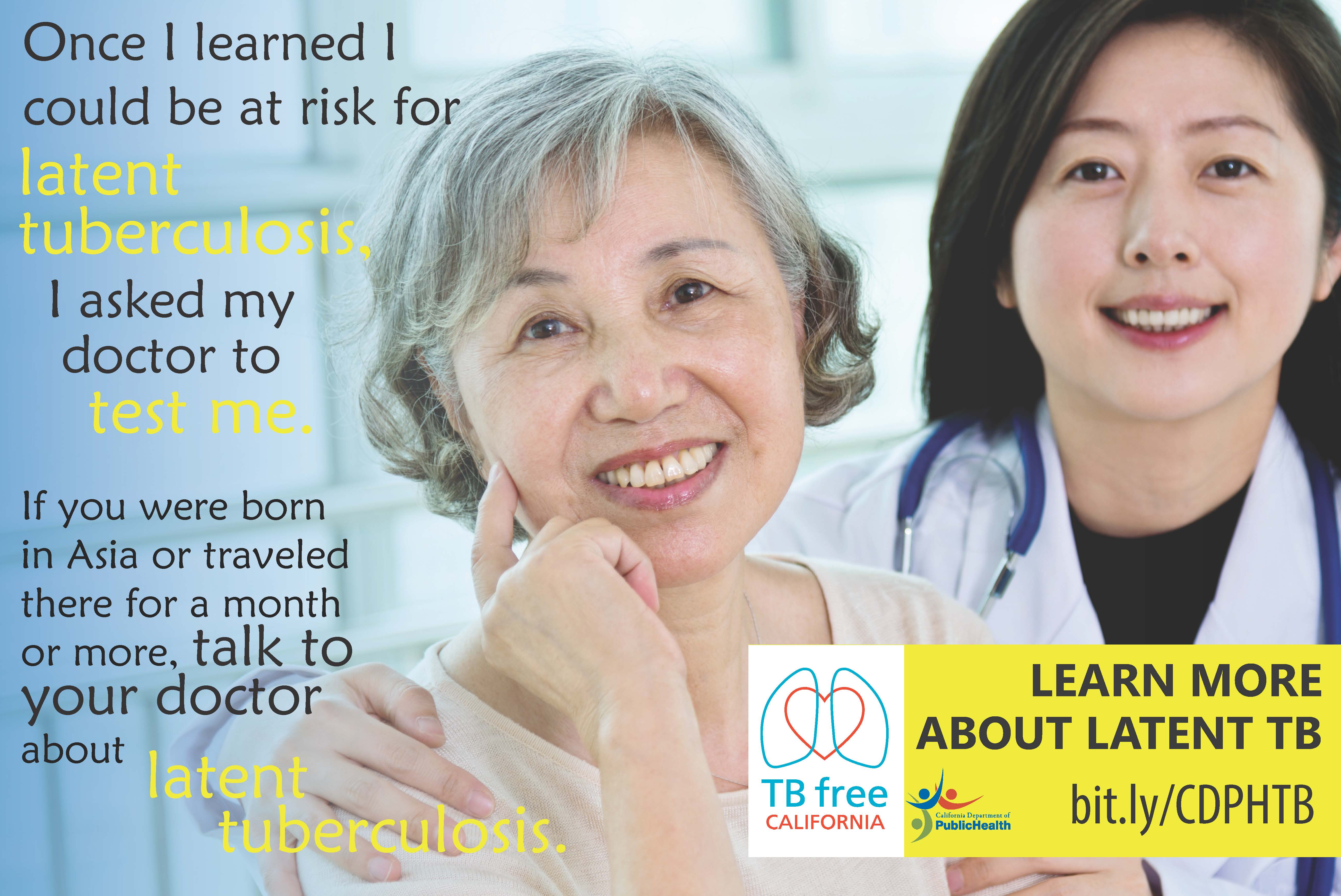 Poster #2 in Chinese poster set displaying facts and TB Free and CDPH info. Female doctor and patient smiling.