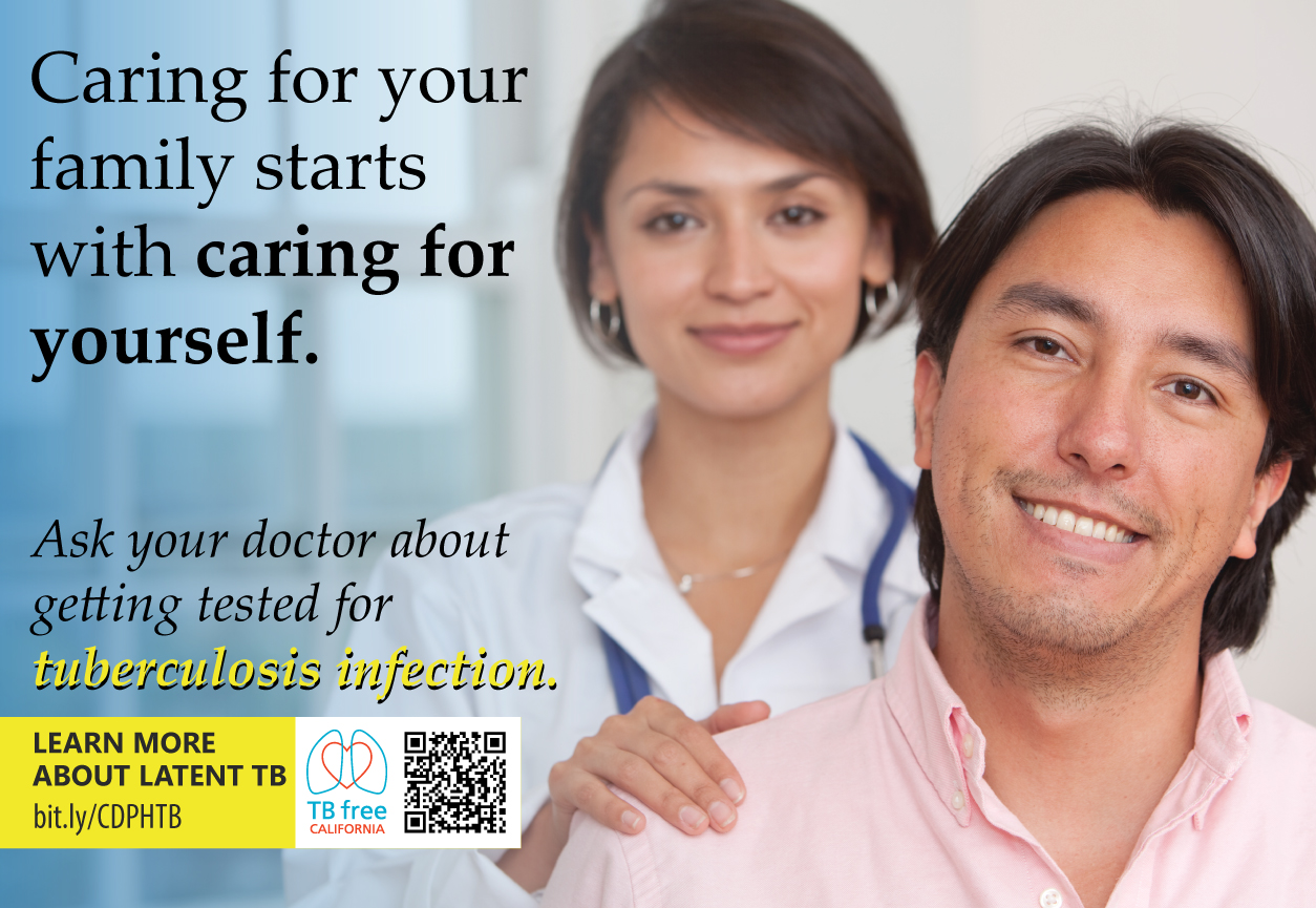 Poster 1/3 of Spanish set. Poster displays text and TB Free contact info. A female doctor and male patient are smiling.