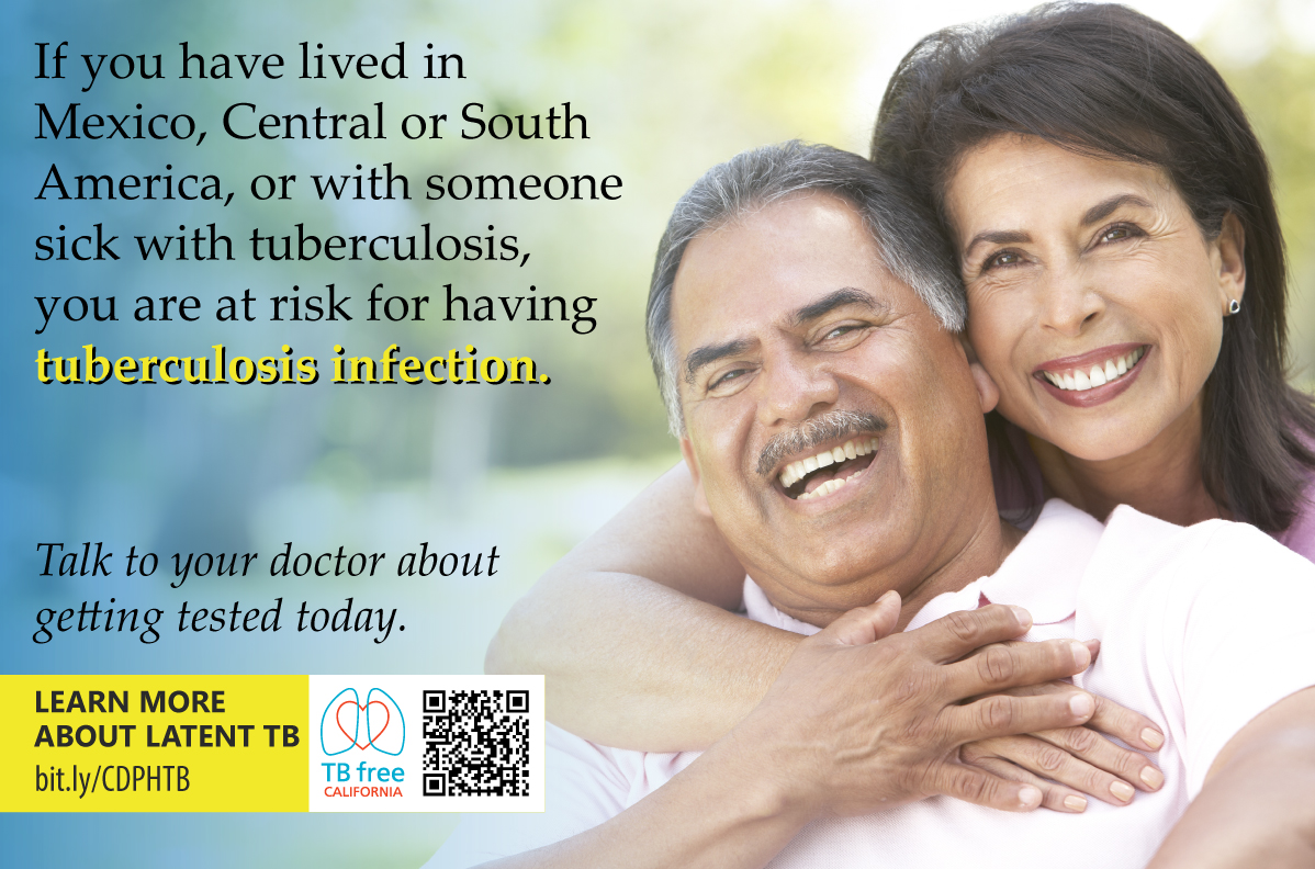 Poster 2/3 of Spanish set. Poster displays text and TB Free contact info. A man and woman are embracing and smiling.