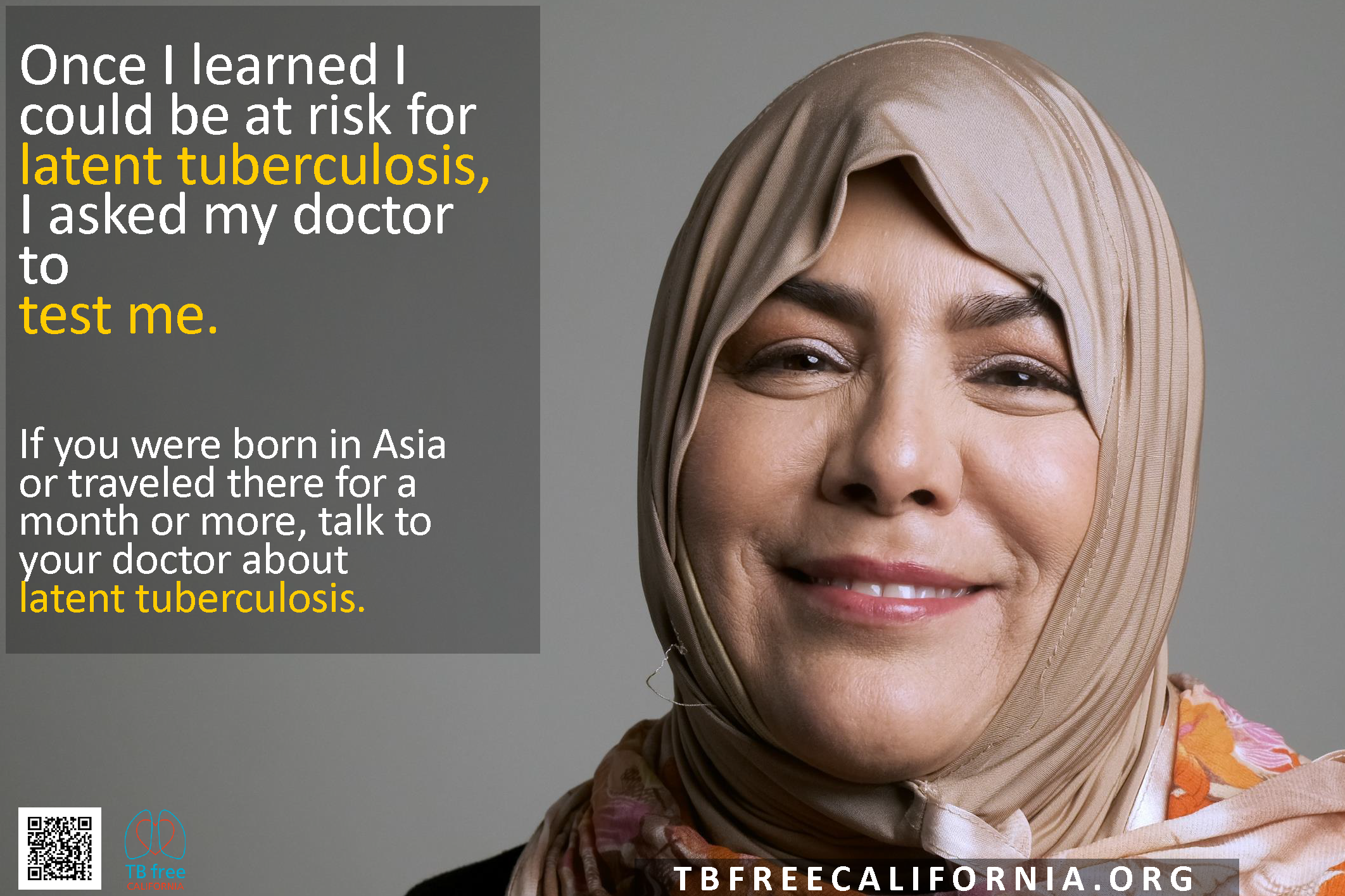 Poster 1/3 of Farsi set. Poster displays text and TB Free contact info. A woman wearing a hijab is smiling on the right side