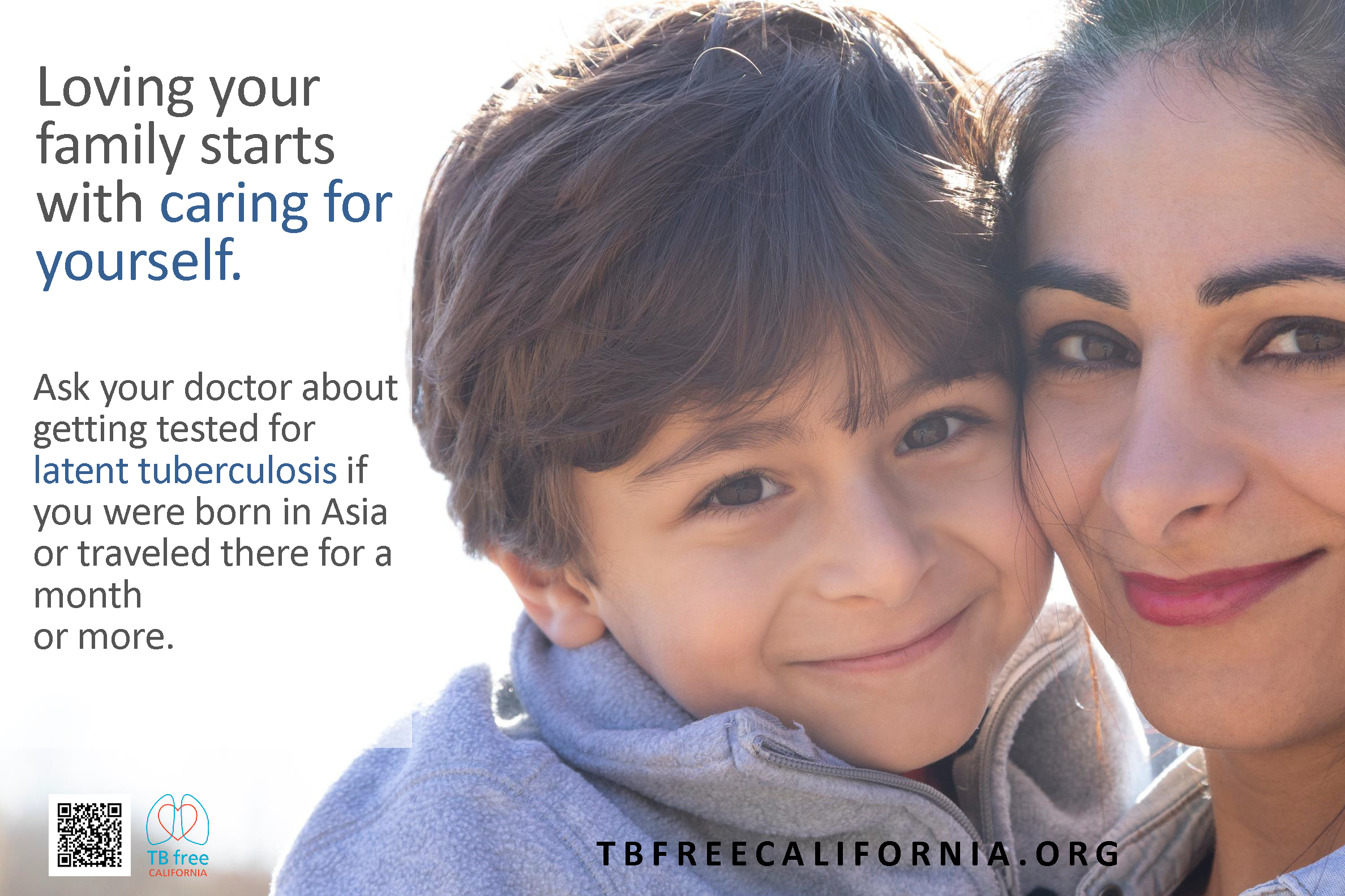 Poster 2/3 of Farsi set. Poster displays text and TB Free contact info. A woman and a child are hugging and smiling.
