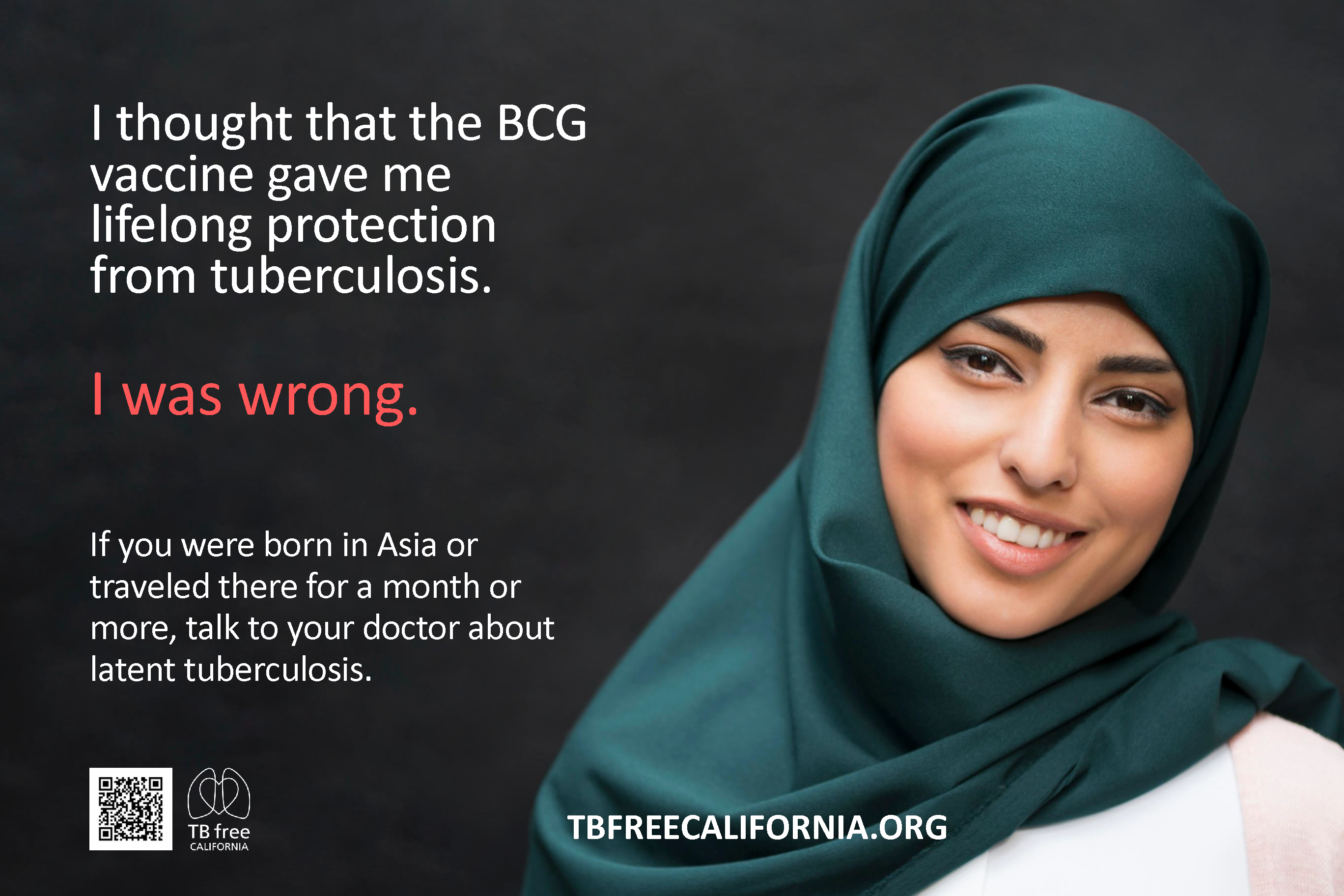Poster 3/3 of Farsi set. Poster displays text and TB Free contact info. A woman wearing a hijab and smiling is on the right side