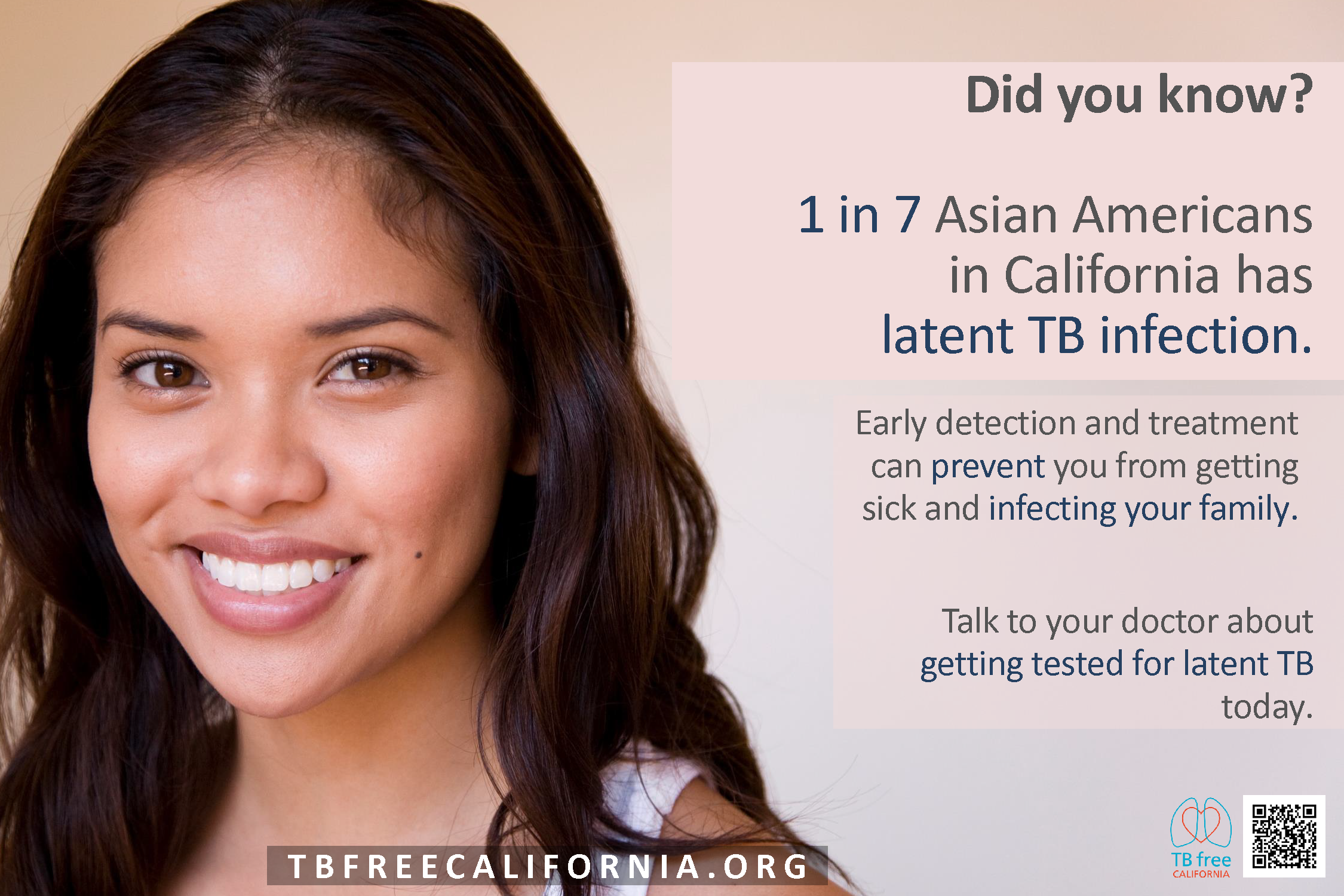Poster 1/4 of Tagalog set. Poster displays text and TB Free logo, website, and QR code. Filipino woman smiling on left hand side
