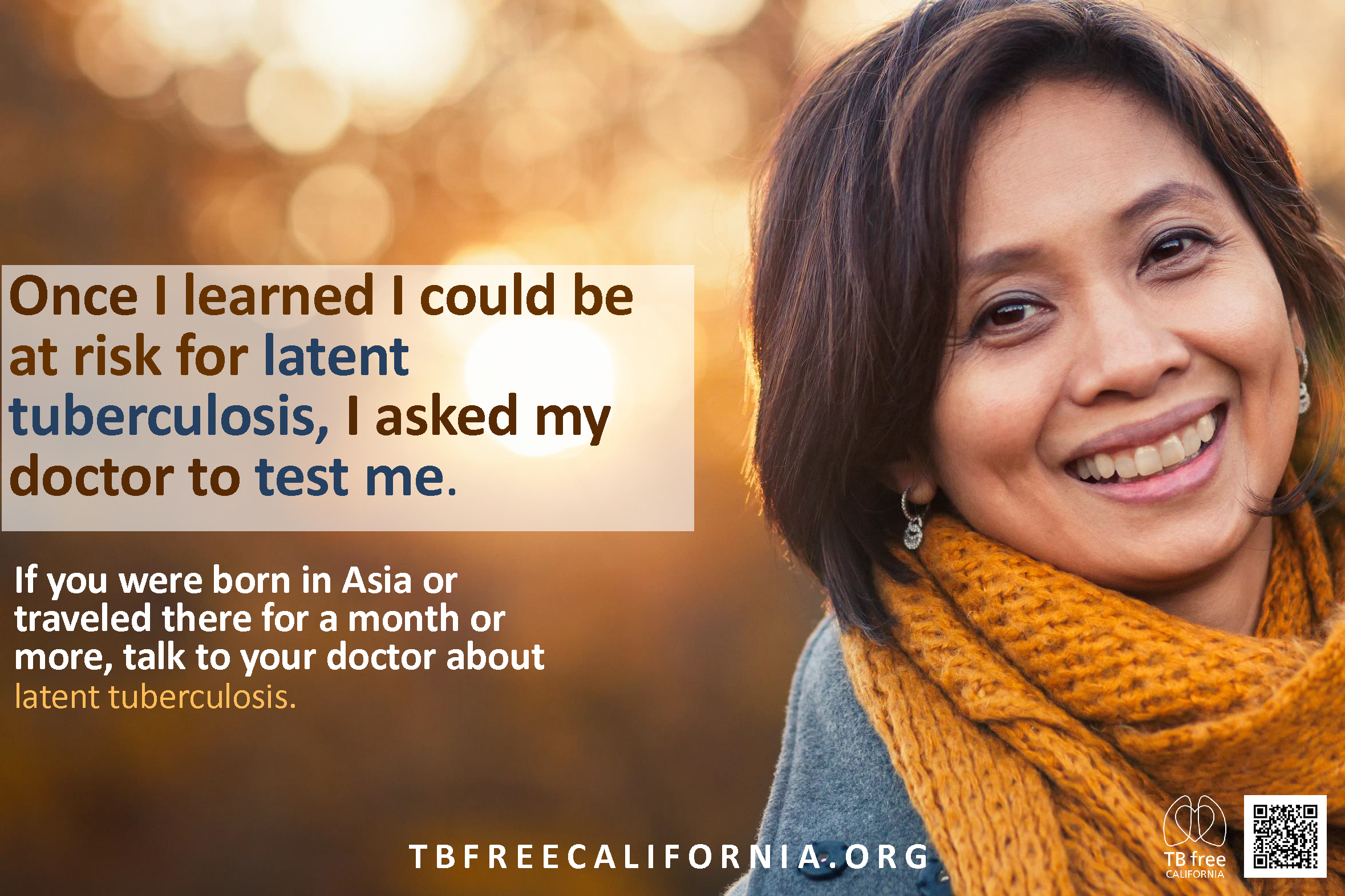 Poster 2/4 of Tagalog set. Poster displays text and TB Free logo, website, and QR code. Filipino woman smiling on right side