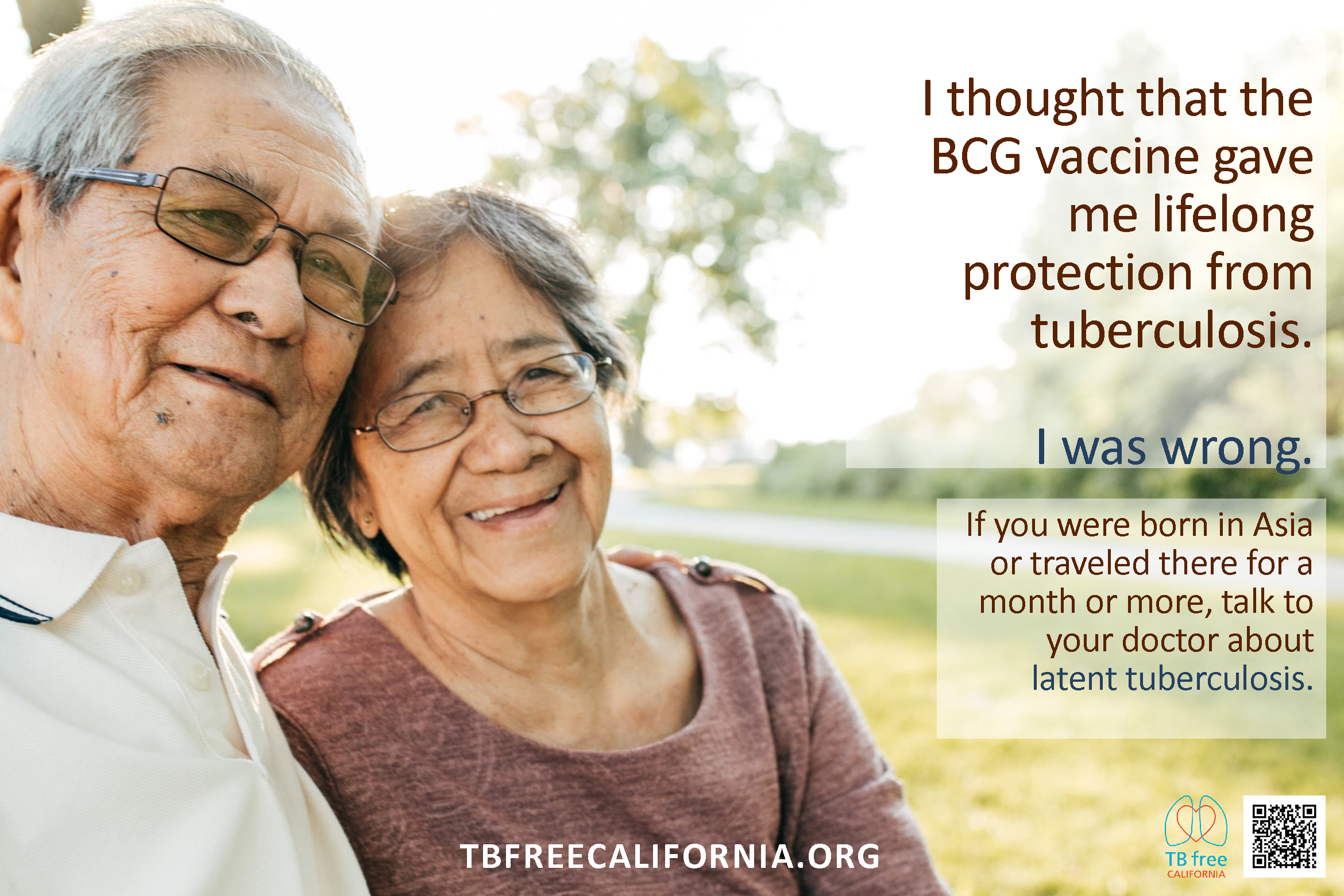 Poster 4/4 of Tagalog set. Poster displays text and TB Free logo, website, and QR code. Filipino husband and wife smiling 