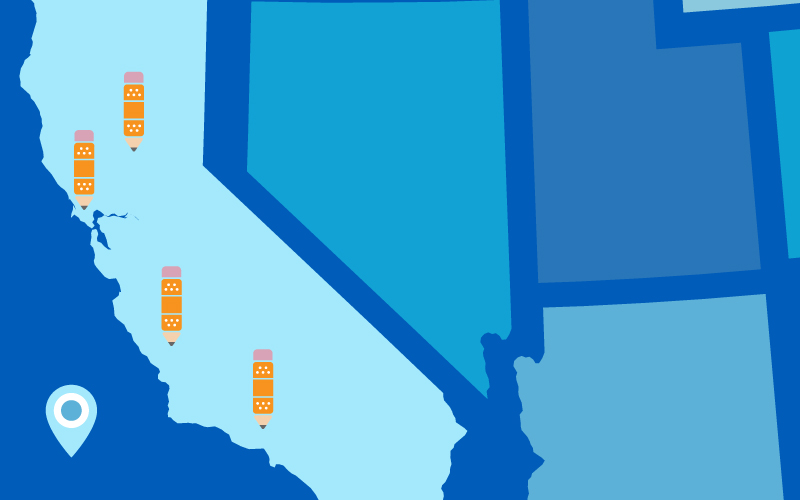 California map with 4 pencils on it in 4 locations