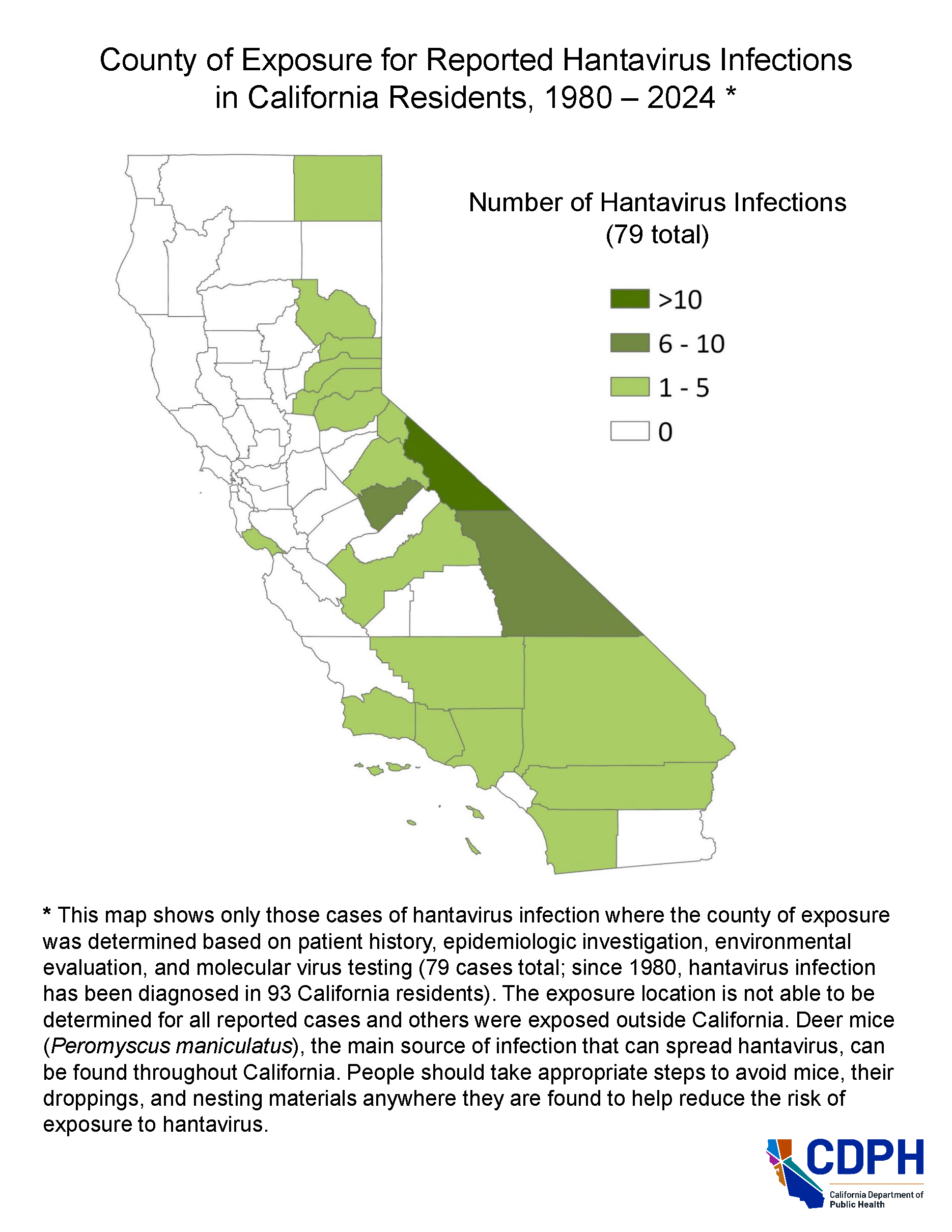 Map of county of exposure for reported hantavirus infections in California