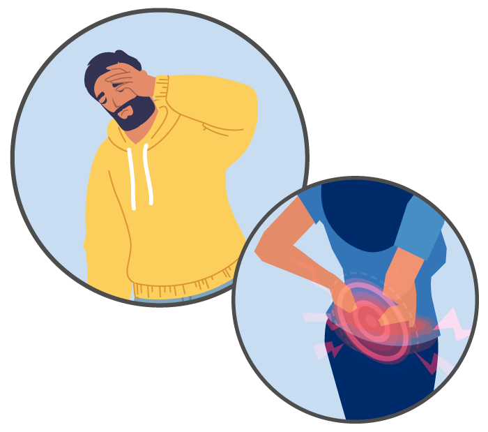 Person holding their head in pain, and another person clutching their back in pain