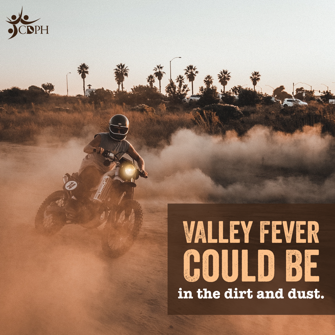 Valley fever could be in the dirt and dust. Person riding motorcycle in dusty area. Valley fever could be in the dirt and dust. Person riding motorcycle in dusty area.