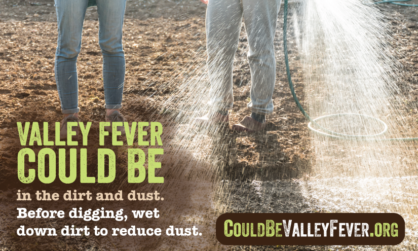 Valley fever could be in the dirt and dust. Before digging, wet down dirt to reduce dust. Valley fever could be in the dirt and dust. Before digging, wet down dirt to reduce dust.