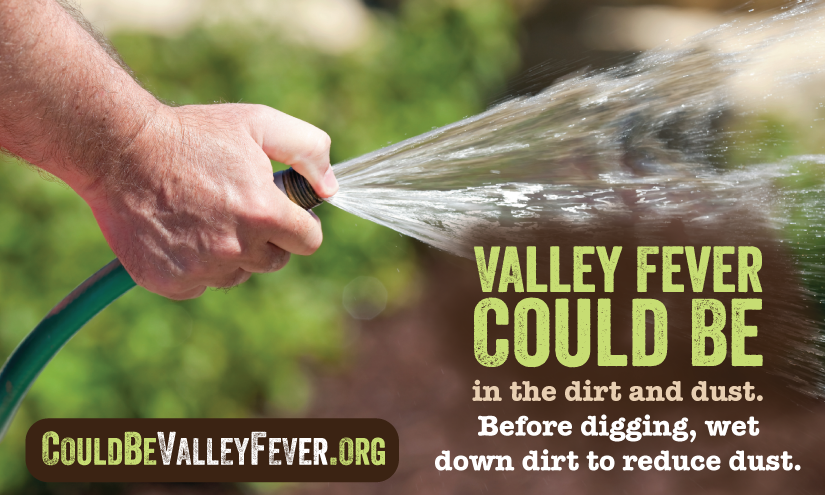 Valley fever could be in the dirt and dust. Before digging, wet down dirt to reduce dust. Valley fever could be in the dirt and dust. Before digging, wet down dirt to reduce dust.