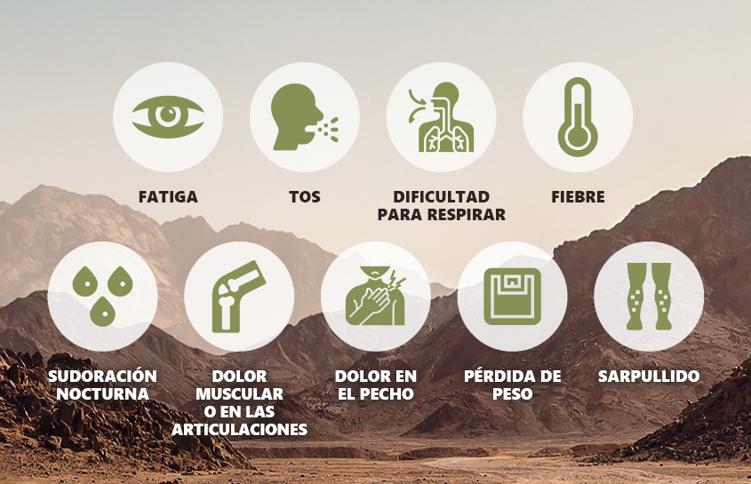 Síntomas de la fiebre del Valle: agotamiento (cansancio), tos, dificultad para respirar, fiebre, sudoración nocturna, dolor