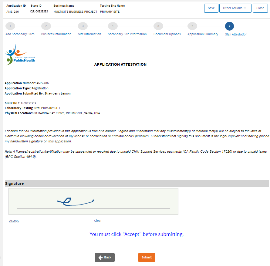 Attestation Application sign and then Submit