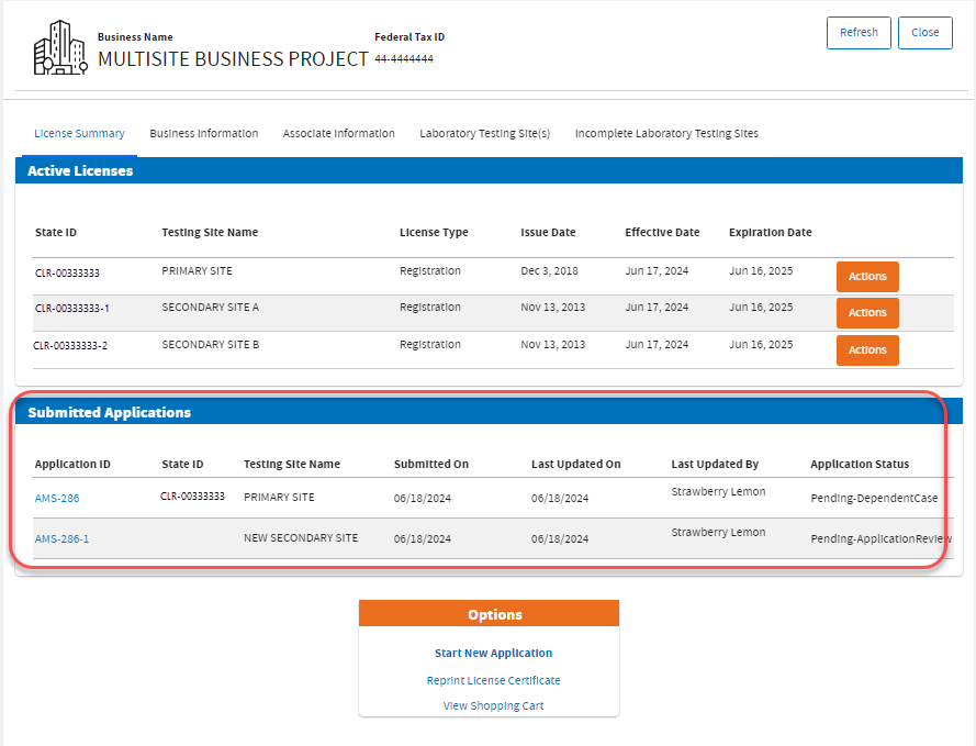 Application status on business dashboard Application status on business dashboard