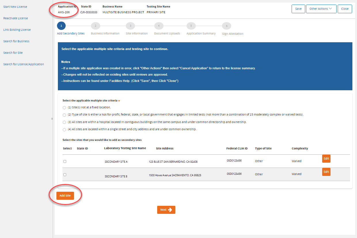 Application number encircled and Add Site button encircled Application number encircled and Add Site button encircled