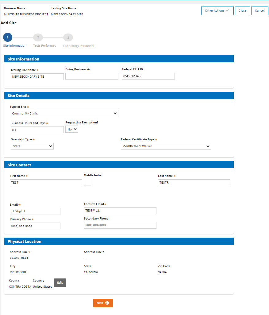 enter all information for the new secondary site enter all information for the new secondary site