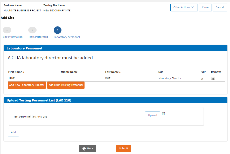 Screen to enter a CLIA laboratory director Screen to enter a CLIA laboratory director