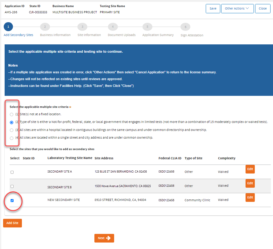 Encircled multisite qualification and encircled check box of the new secondary site Encircled multisite qualification and encircled check box of the new secondary site