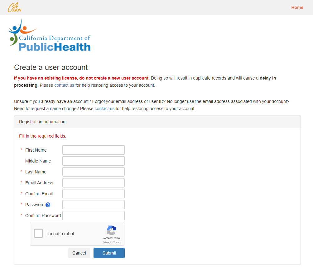 registration information to create an account showing form fields for name, email, password, captcha
