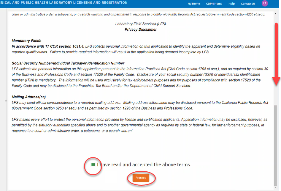 Privacy Disclaimer showing acceptance checkbox