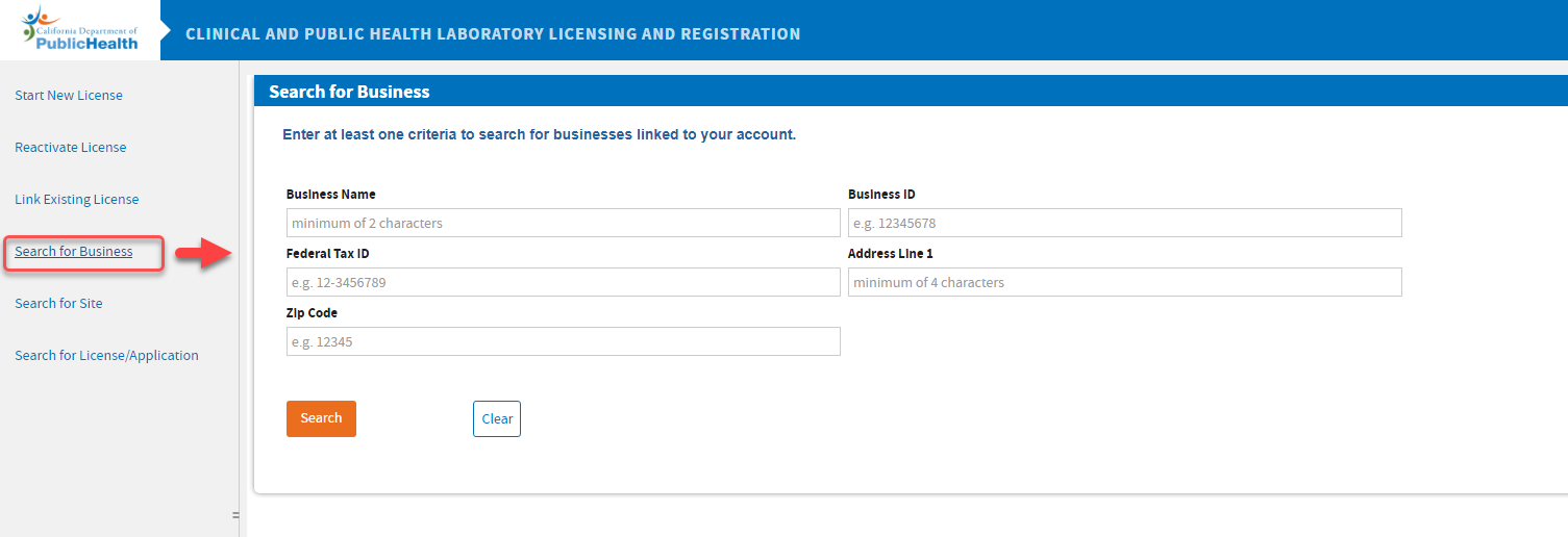 Search for either the Business Name, Business ID, Federal tax ID, or Mailing Address