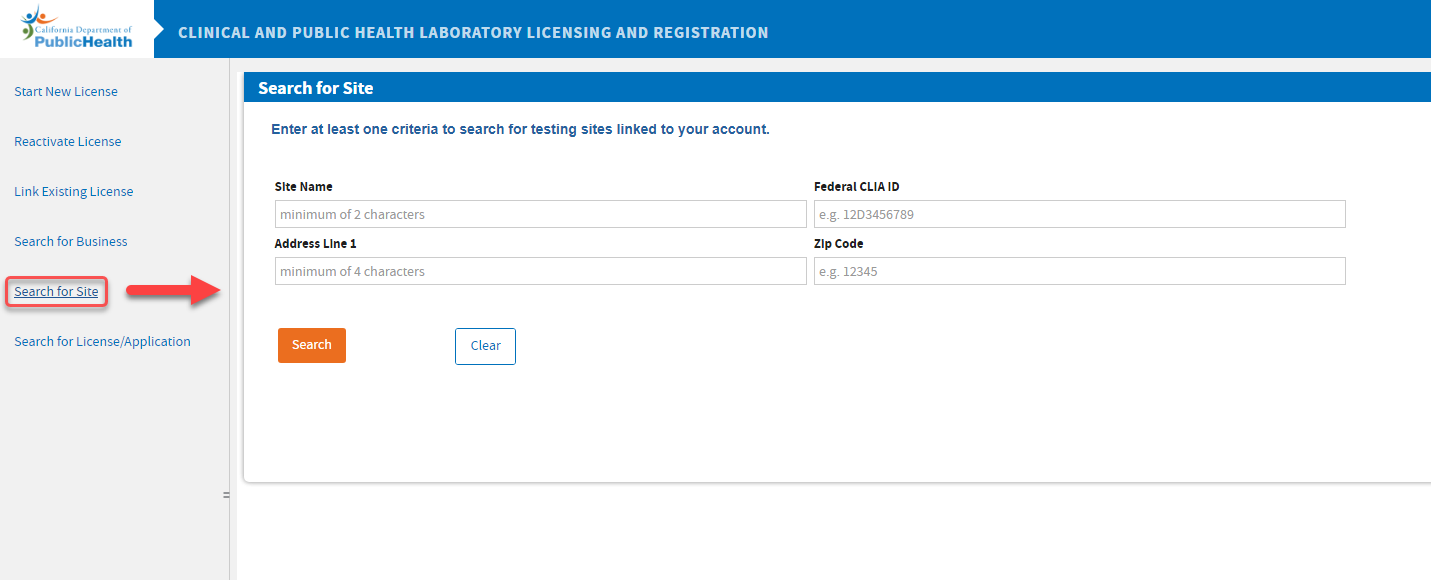 Search for Site Name, CLIA ID, or Physical Address