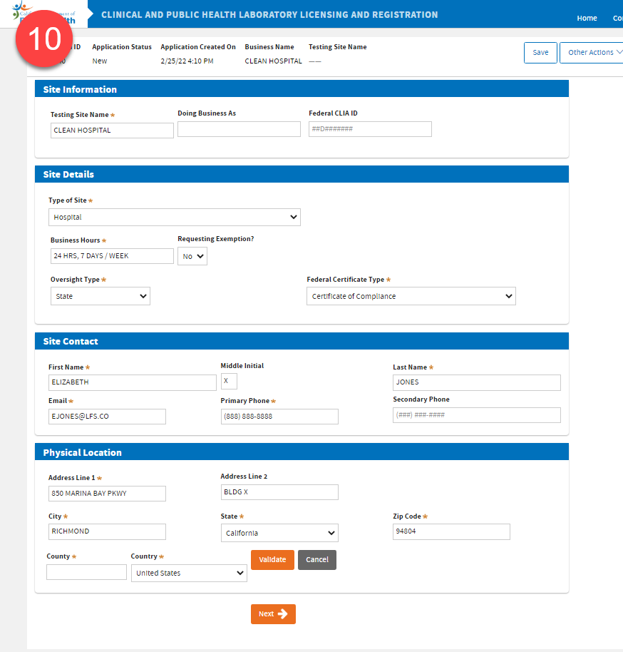 Testing Site Information form fields for Type of Site, Physical Address, Contact, Business Hours, etc.