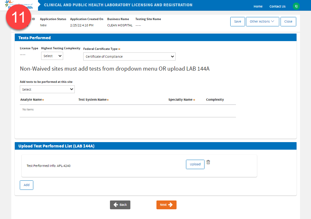 Tests Performed page to select complexity, adding Analytes, and uploading LAB 144A.