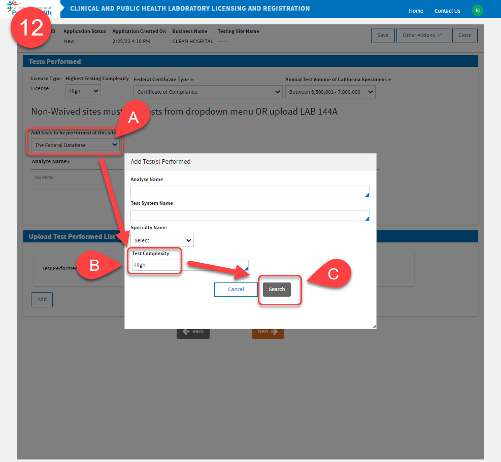 Add Tests Performed pop-up when you select The Federal Database option in the dropdown